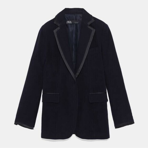 ZARA Navy Blue Velvet Contrasting Blazer Sz S Minimalist Classic Chic - Picture 12 of 13